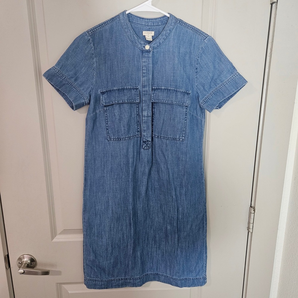 J.Crew Womens Blue Cotton Chambray‎ Band Collar Shift Dress Size 00